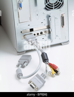 Rear of computer showing cables Stock Photo