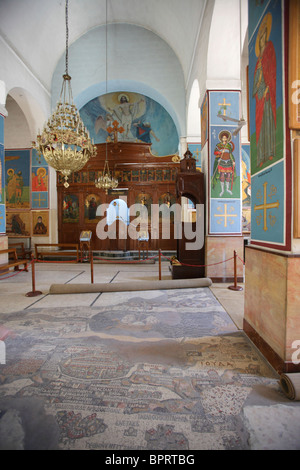 Interior of St. George's Basilica with the Mosaic Map of the Holy Land, Madaba, Jordan Stock Photo