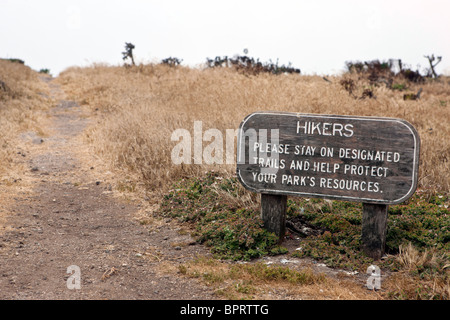 Sign warning hikers to stay on trails, Anacapa Island, Channel Islands National Park, California, United States of America Stock Photo