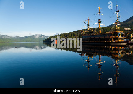 Pirate Ship on Lake Ashi - Some boats are full-scale replicas of man-of-war pirate ships Stock Photo