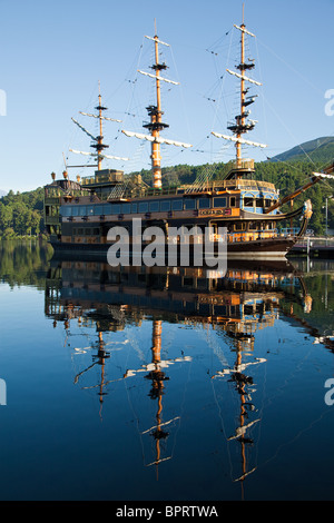 Pirate Ship on Lake Ashi - Some boats are full-scale replicas of man-of-war pirate ships Stock Photo