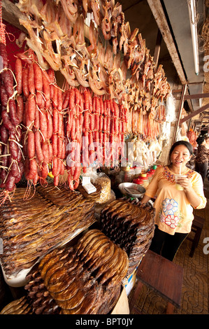 Dried meat and fish for sale in the market, Siem Reap, Cambodia Stock Photo