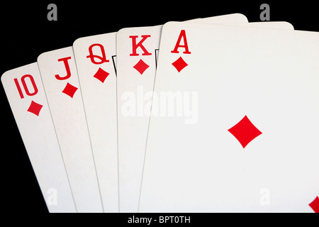 Royal Flush of diamonds, poker hand on black background Stock Photo