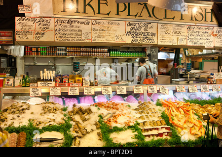 Seafood on sale, Pike Place Market, Seattle, Washington, United States of America Stock Photo