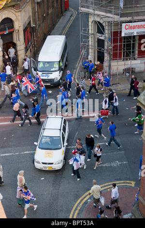 Football Fans in Manchester City for the UEFA cup 2008 opposing the Glasgow rangers and the St Petersburg Russian Zenit Stock Photo