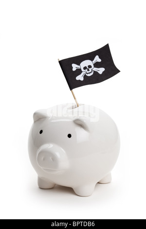 Pirate Flag and Piggy Bank, concept of business crime Stock Photo