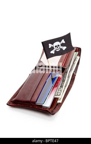 Pirate Flag and Wallet, concept of business crime Stock Photo