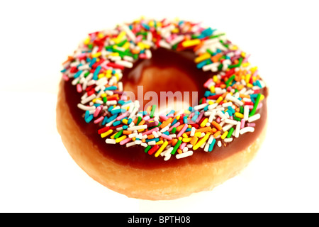 Fresh Sweet Chocolate Covered Deep Fried Doughnut Against A White Backgorund With No People And A Clipping Path Stock Photo