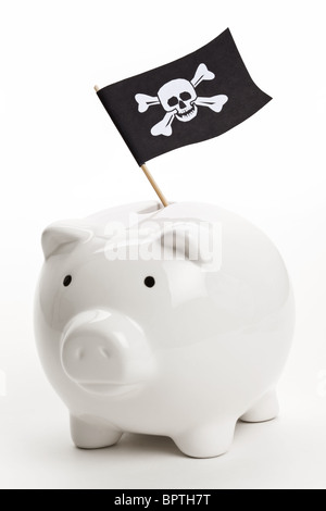 Pirate Flag and Piggy Bank, concept of business crime Stock Photo