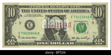 A counterfeit 'raised' $1 bill. Sections of a $10 have been pasted to raise the value of the bill. Stock Photo