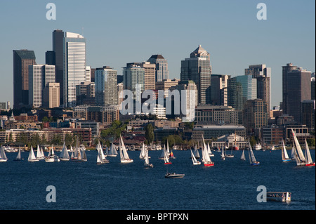 Retro image of Sailboat races on Lake Union with Seattle Skyline Seattle Washington State USA Stock Photo