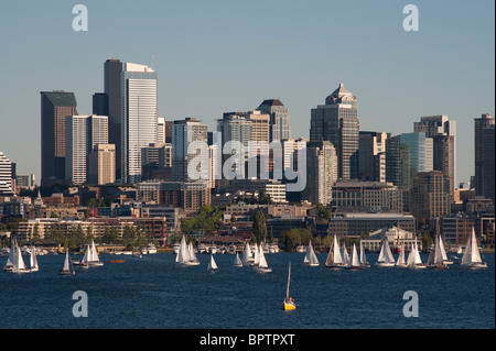 Retro image of Sailboat races on Lake Union with Seattle Skyline Seattle Washington State USA Stock Photo