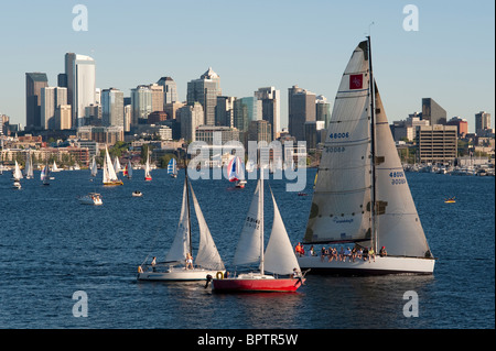 Retro image of Sailboat races on Lake Union with Seattle Skyline Seattle Washington State USA Stock Photo