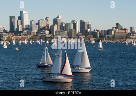 Retro image of Sailboat races on Lake Union with Seattle Skyline Seattle Washington State USA Stock Photo