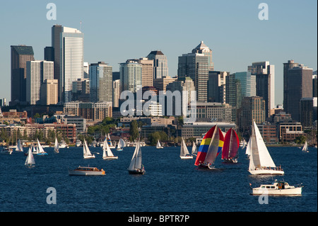 Retro image of Sailboat races on Lake Union with Seattle Skyline Seattle Washington State USA Stock Photo