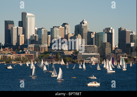 Retro image of Sailboat races on Lake Union with Seattle Skyline Seattle Washington State USA Stock Photo