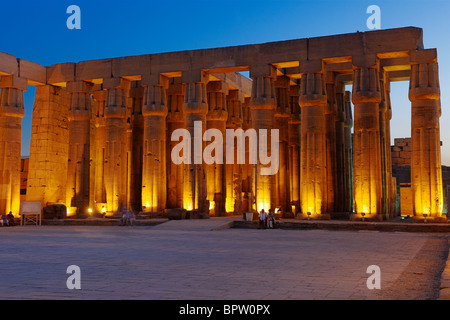 night shot of peristyle or Sun Court of Amenhotep III with closed papyrus columns, Temple of Luxor, Thebes, Egypt, Arabia Stock Photo