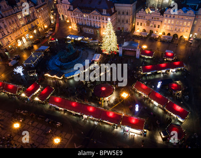 Christmas market seen from the astronomical tower on the Old Town Square in Prague, Czech Republic. Stock Photo