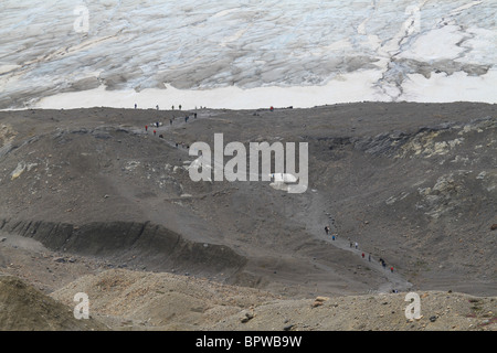 Athabasca Glacier in the Columbia Ice field. Hikers walking along dirt trail to face of ice. Jasper National park, Canada. Stock Photo