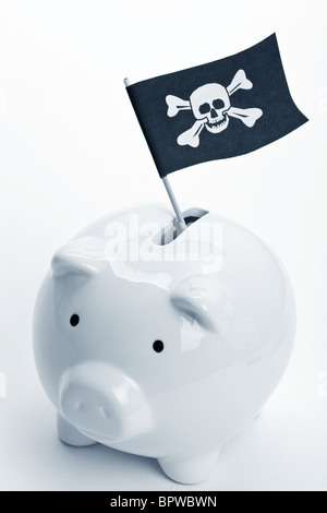 Pirate Flag and Piggy Bank, concept of business crime Stock Photo