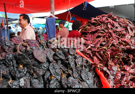 Dried chiles in Tlacolula Market, Oaxaca, Mexico Stock Photo