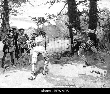 Two gentlemen fighting a duel with swords, 17th century. They wear ...
