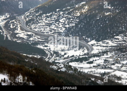 The A32 or E70 Motorway Autostrada Turin Torino to Bardonecchia road heading towards the Frejus tunnel to France from Italy Stock Photo