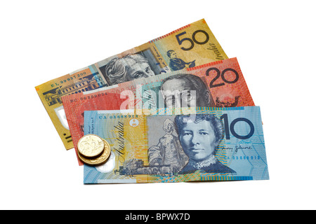 A selection of Australian banknotes and coins on a white background Stock Photo