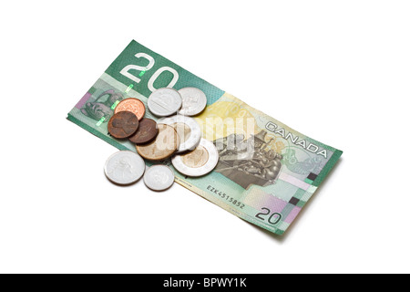 Canadian twenty dollar bill and coins on a white background Stock Photo