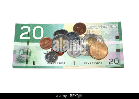 Canadian twenty dollar bill and coins Stock Photo