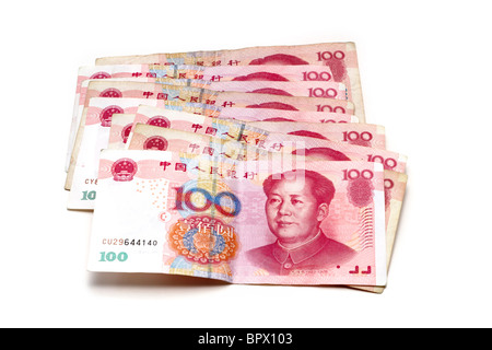 Chinese One Hundred Yuan notes on a white background Stock Photo