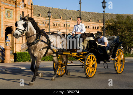 Trotting horse pulling carriage and tourists around the front of Seville's the Plaza de España de Sevilla. Seville, Spain. Stock Photo