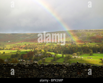 Rainbow over Swaledale, Yorkshire Dales, Northern England Stock Photo