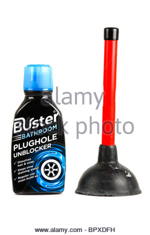 Plughole unblocker cleaning fluid and plunger Stock Photo