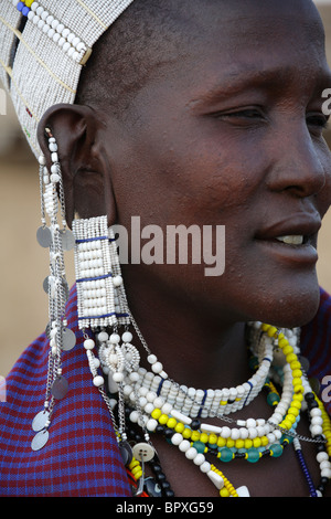 Maasai woman with necklace Jewelry around her neck , Ngogongoro conservation Area, Tanzania Stock Photo