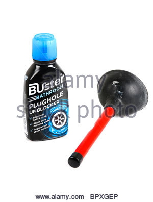 Plughole unblocker cleaning fluid and plunger Stock Photo