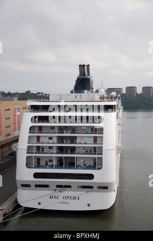 The stern of the MSC cruise ship 'MSC Opera' in port in Copenhagen, Denmark. Stock Photo