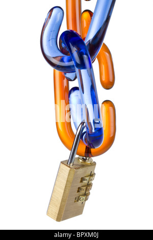 Glass chain links and combination lock on white background Stock Photo