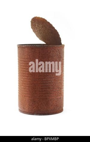 Old rusty tin can on white background Stock Photo