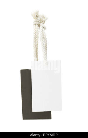Black and white labels suspended on white background Stock Photo
