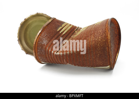 Crumpled and rusty tin can on white background Stock Photo