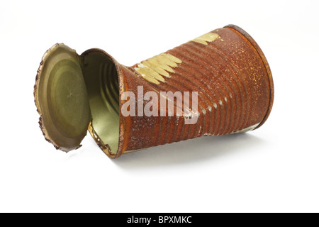 Old rusty crumbled tin can on white background Stock Photo