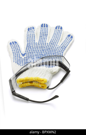 Safety goggles and cotton gloves on white background Stock Photo