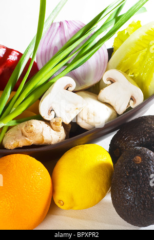 assorted fresh vegetables and fruits, base for a healty diet and nutruition Stock Photo