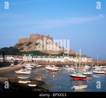 Gorey Harbour and Mont Orgueil Castle in late afternoon, Jersey, Channel Islands, United Kingdom Stock Photo