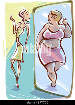 Young woman suffering from anorexia looking in the mirror Stock Vector ...