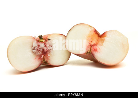 Exotic Flat peach also known as donut, chinese or saturn peach. Stock Photo