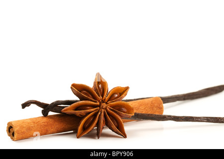 cinnamon stick, star anise and two vanilla beans on white background Stock Photo