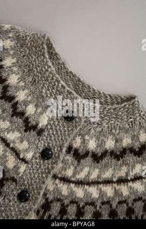 Close up cut out of an Icelandic knitted woolen winter sweater for a man or woman, handmade in Iceland, crafts pt Europe, Icelandic woolens crochet Stock Photo