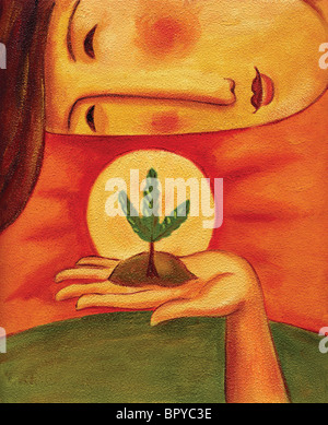 An illustration of a woman holding a tiny seedling Stock Photo